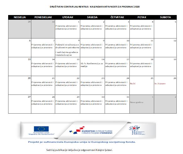 Calendar of activities for December 2020