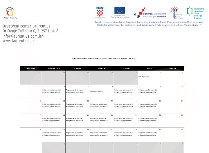 CALENDAR OF ACTIVITIES FOR JANUARY 2021